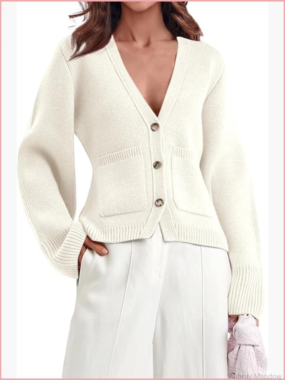 Deep V-Neck Cropped Cardigan Sweater with Pockets